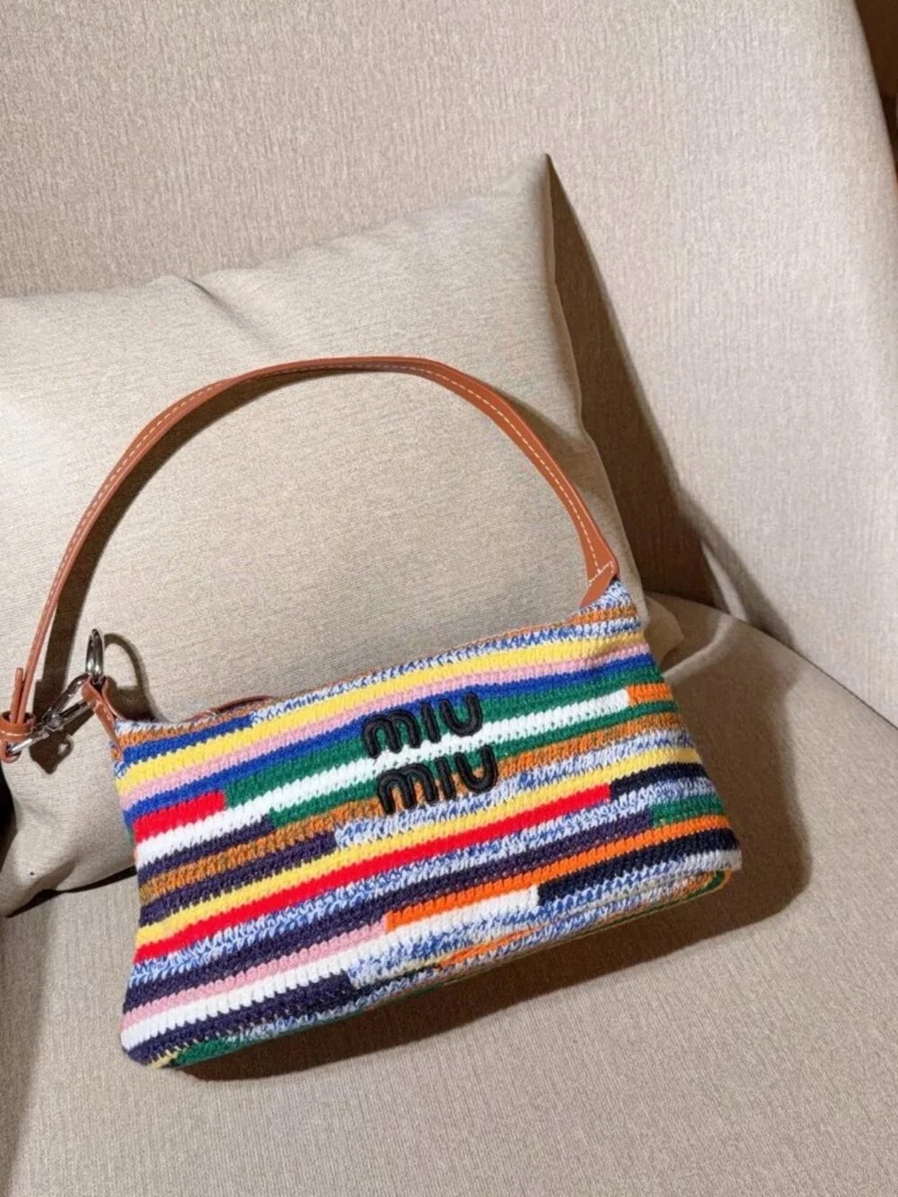 Miu Miu Multicolor Striped Crochet Shoulder Bag with Brown Handle